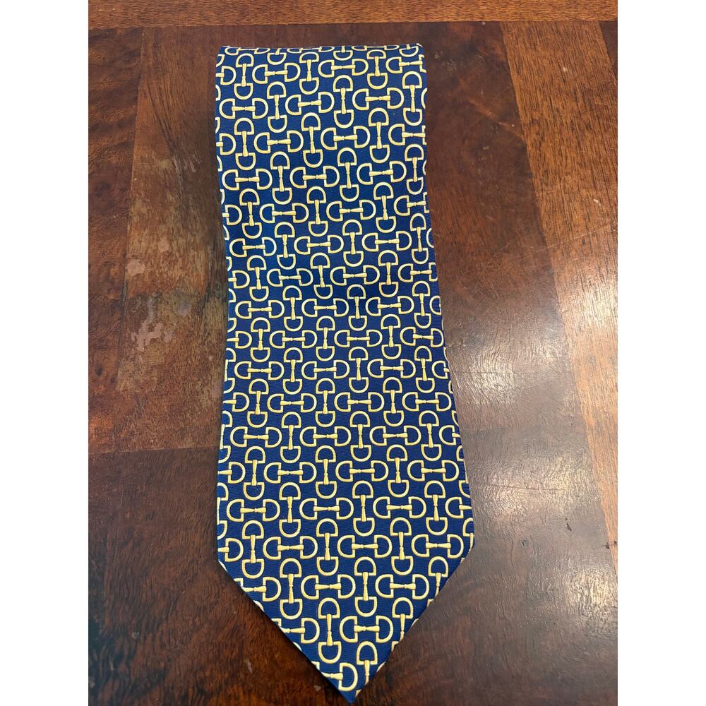 Paolo Gucci 100% Silk Tie Blue Gold Equestrian Bit Pattern Preowned